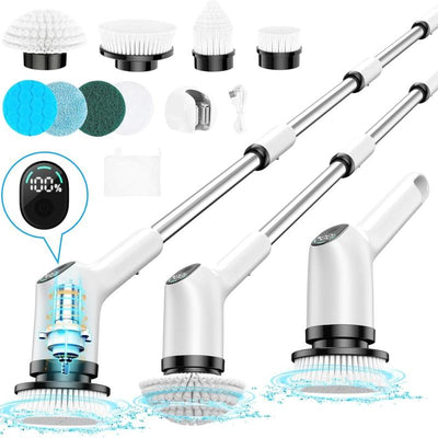 2024 Upgraded Electric Spin Scrubber, Cordless Shower Scrubber with 8 Replaceable Brush Heads and 3 Adjustable Speeds, LED Screen and Extension Handle