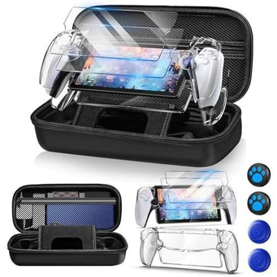 12 in 1 Accessories Set for Portal Remote Player, Hard Carrying Case for PS Portal with Clear Case for PS5 Portal, 2 Screen Protector with 4 Thumb Grip, Carbon Black Cover Button Card Christmas Tempered Console Folding Microfiber Stand Smartphone